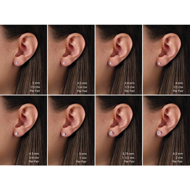 The image is a collage of six images showing different earring sizes and their corresponding measurements, such as 3mm, 3.2mm, 3.14cm, 3.14cm, 3.5mm, and 5.5mm.