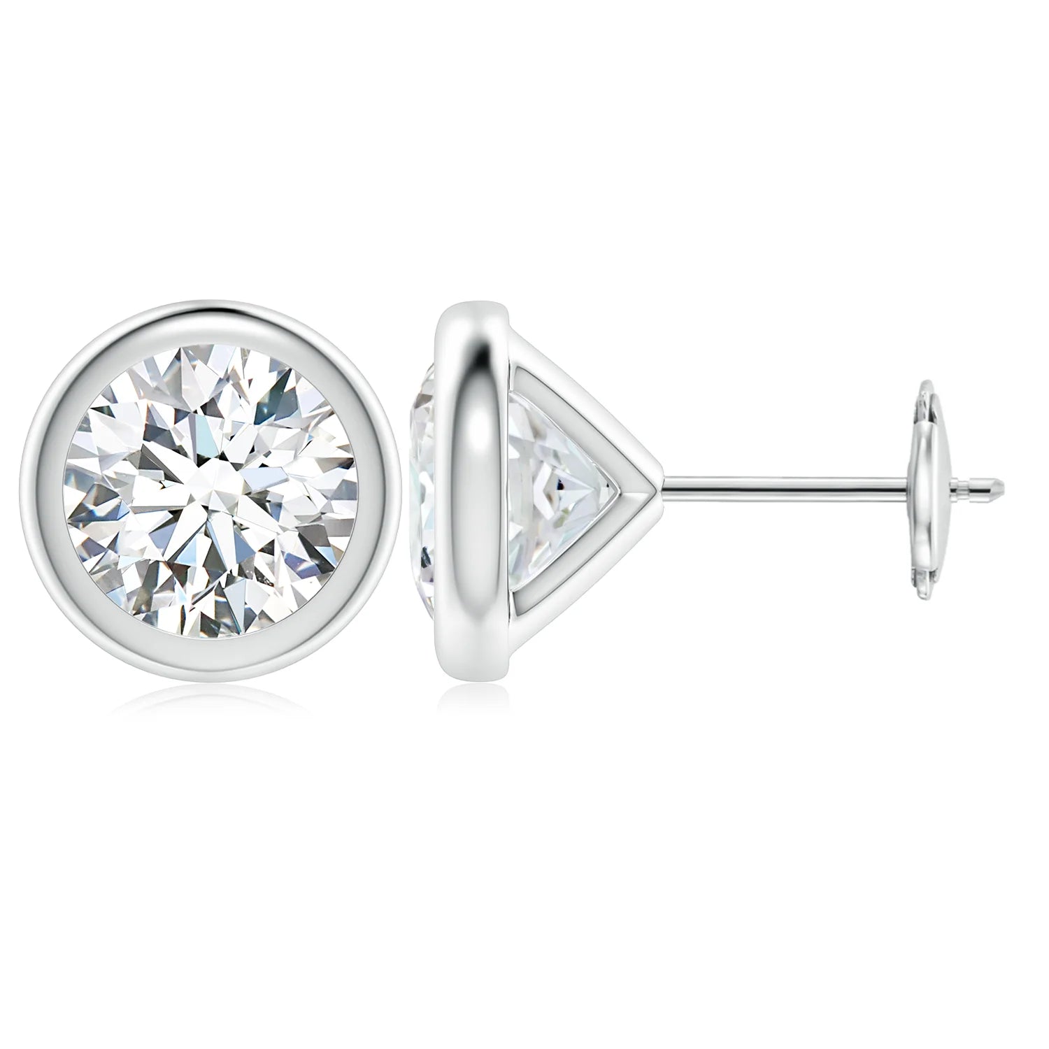 A pair of elegant silver earrings with a large, brilliant-cut diamond set in the center.