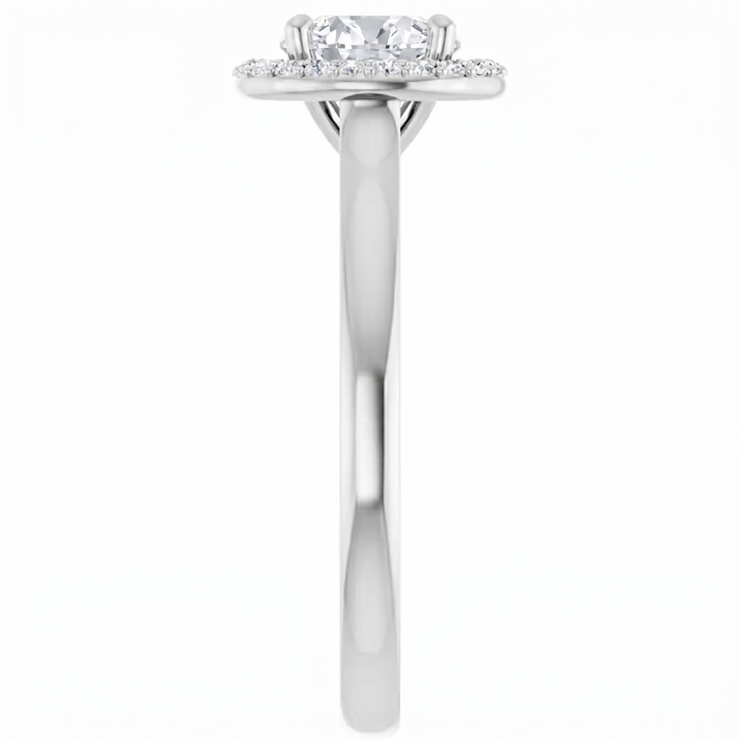 A silver engagement ring with a halo of diamonds set in the center.