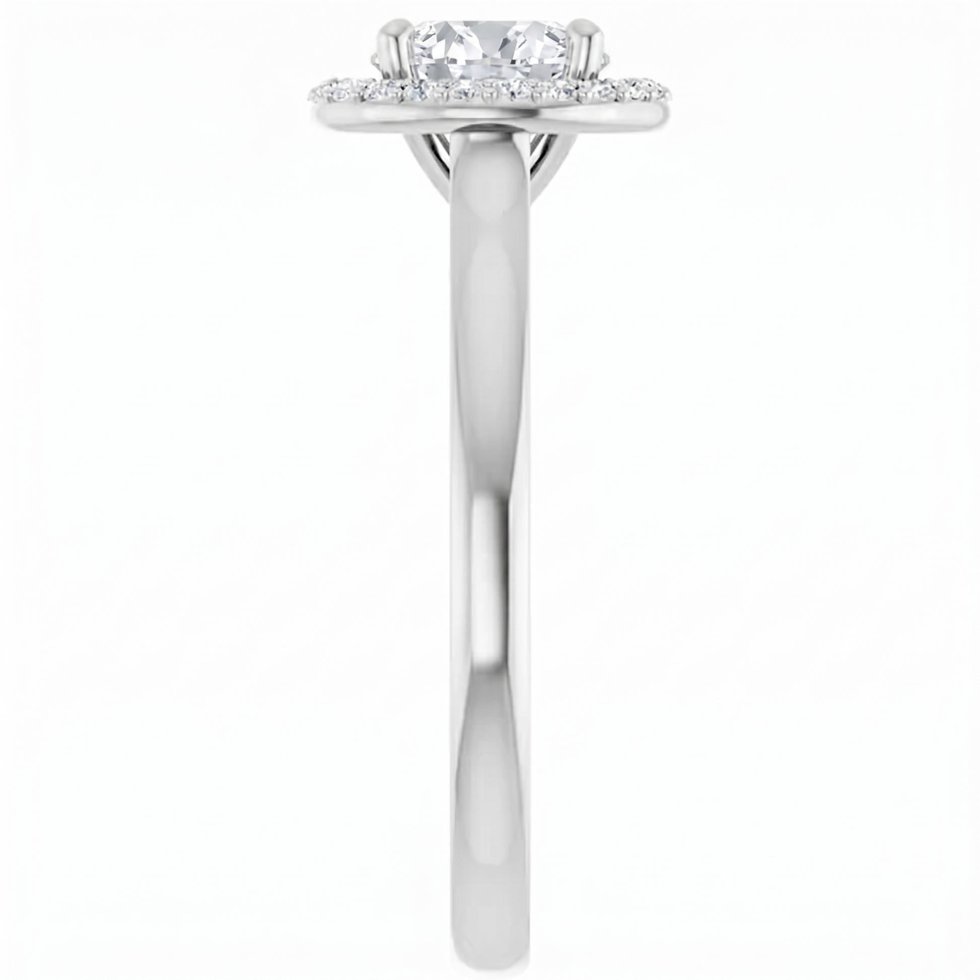 A silver engagement ring with a halo of diamonds set in the center.