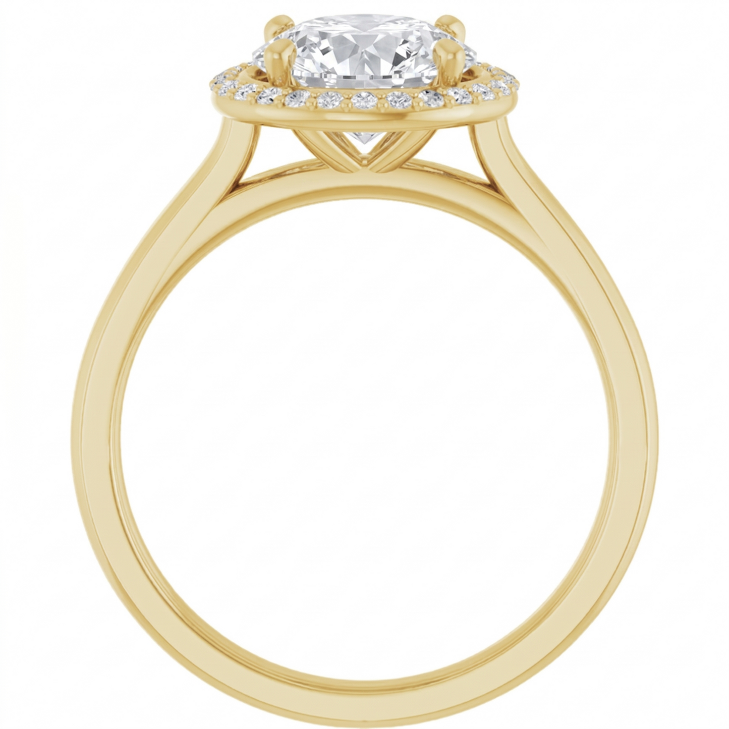 A gold engagement ring with a large diamond set in the center, surrounded by smaller diamonds.