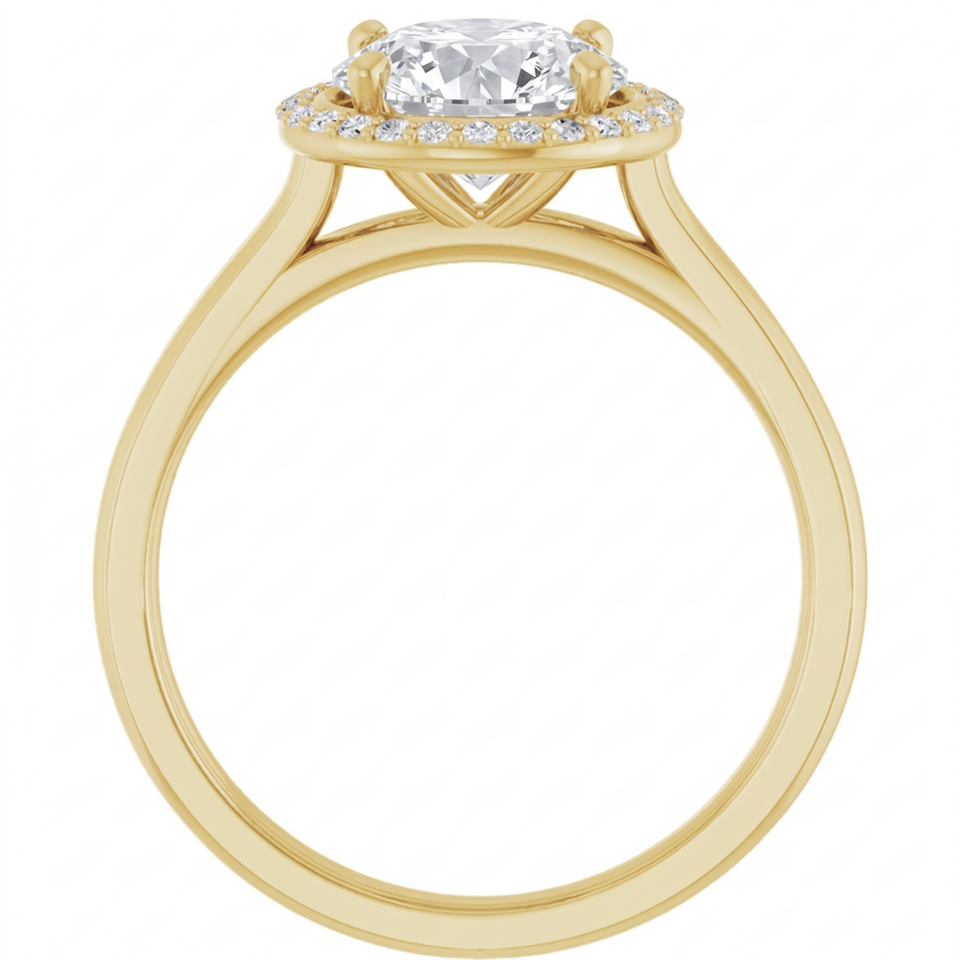 A gold engagement ring with a large diamond set in the center, surrounded by smaller diamonds.