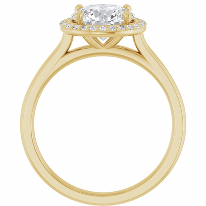 A gold engagement ring with a large diamond set in the center, surrounded by smaller diamonds.