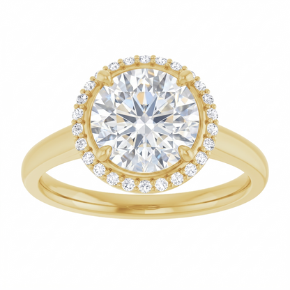 A gold ring with a large, brilliant-cut diamond set in the center, surrounded by smaller diamonds.