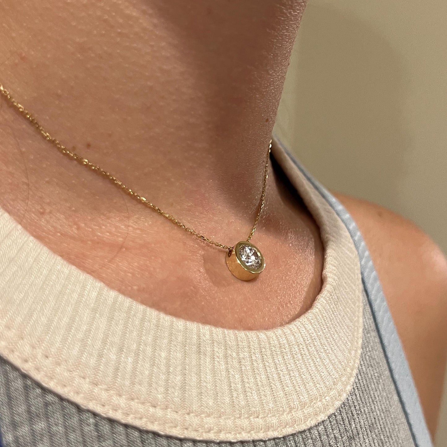 Diamond Necklace, 3 CT Bezel Lab Grown Diamond Necklace, 14K Gold Solitaire Necklace, Certified Real Lab Created