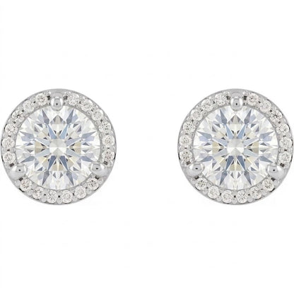 A pair of elegant earrings with large, brilliant-cut diamonds set in a halo of smaller diamonds.