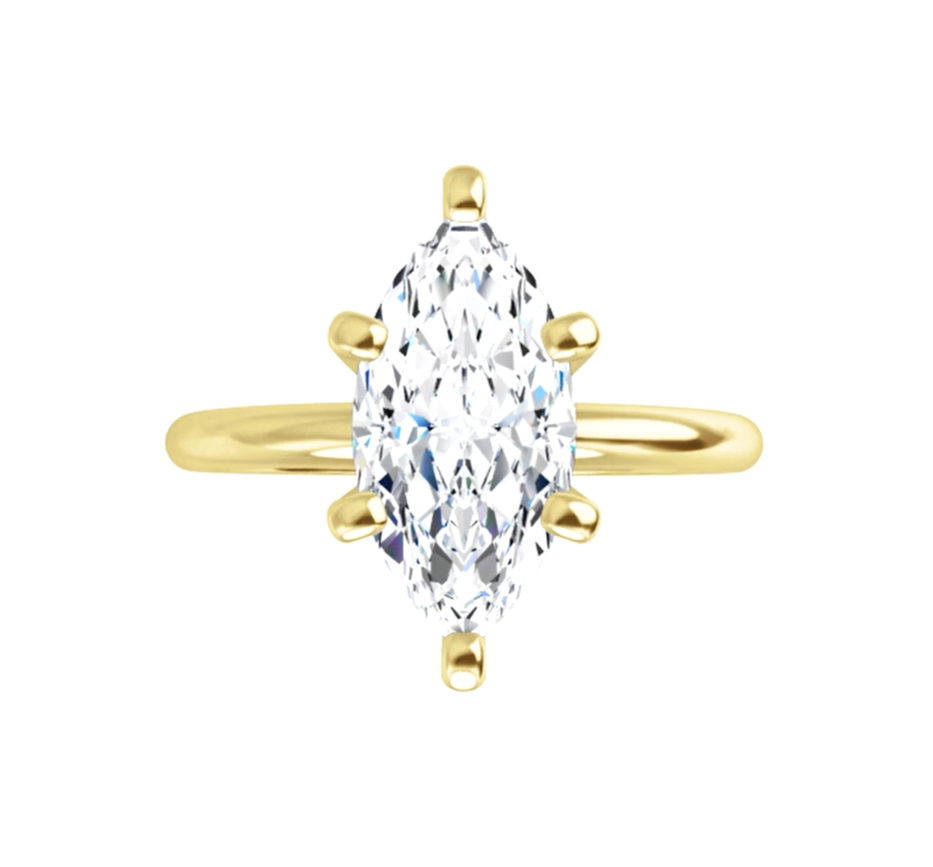 A gold ring with a large, clear diamond set in the center.