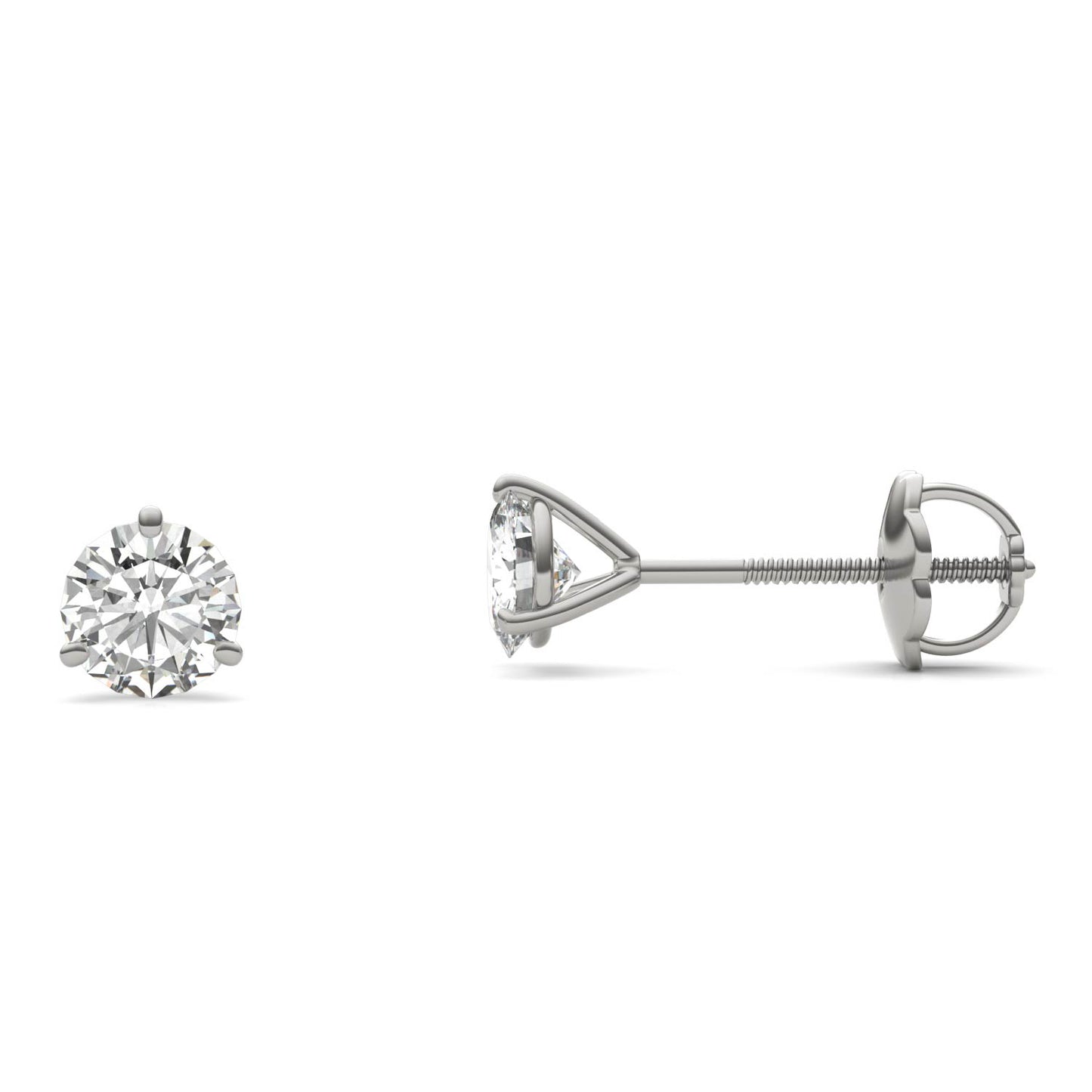 A pair of silver earrings with a single round diamond set in the center.