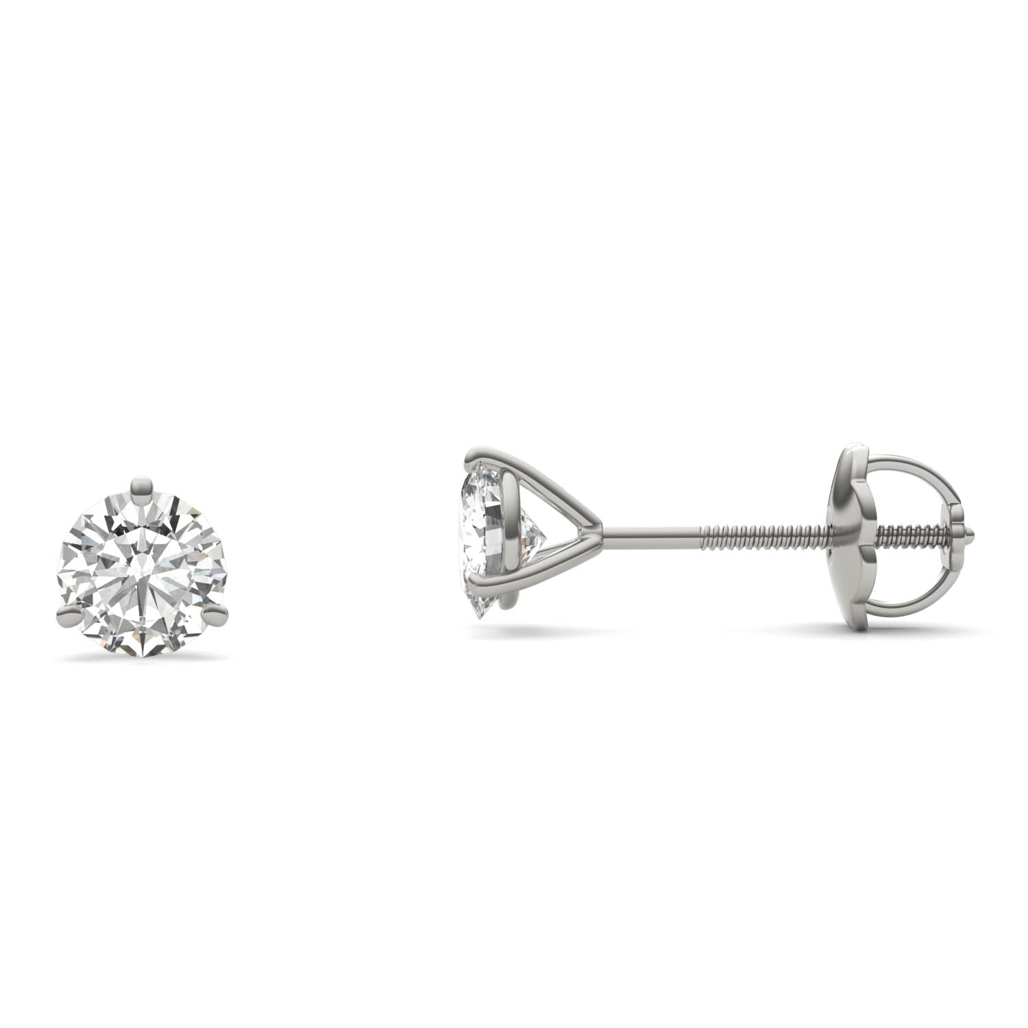 A pair of silver earrings with a single round diamond set in the center.