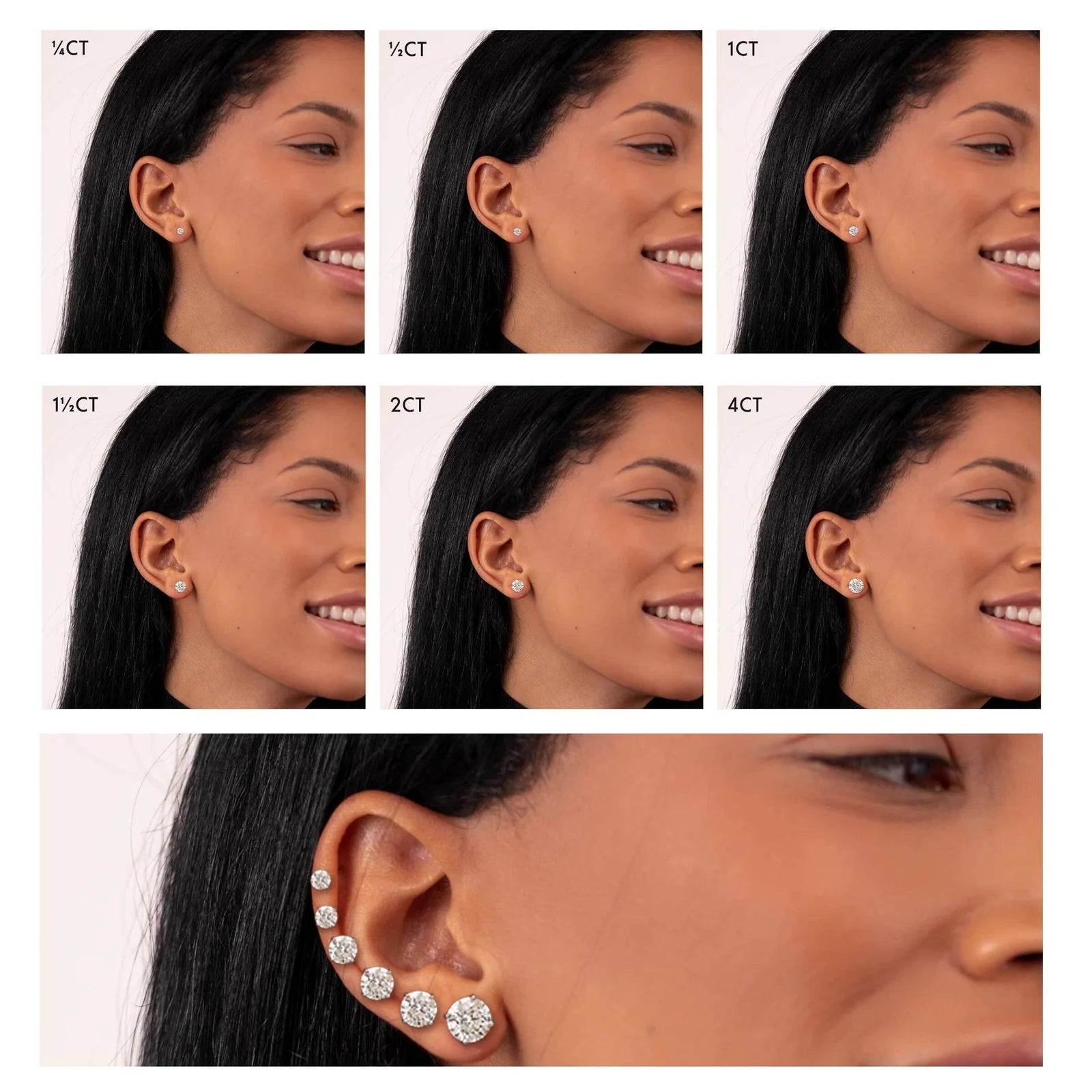 The image is a collage of six images showing a woman's face with different earring designs. The images are labeled with numbers 1 through 6, indicating the earring size.