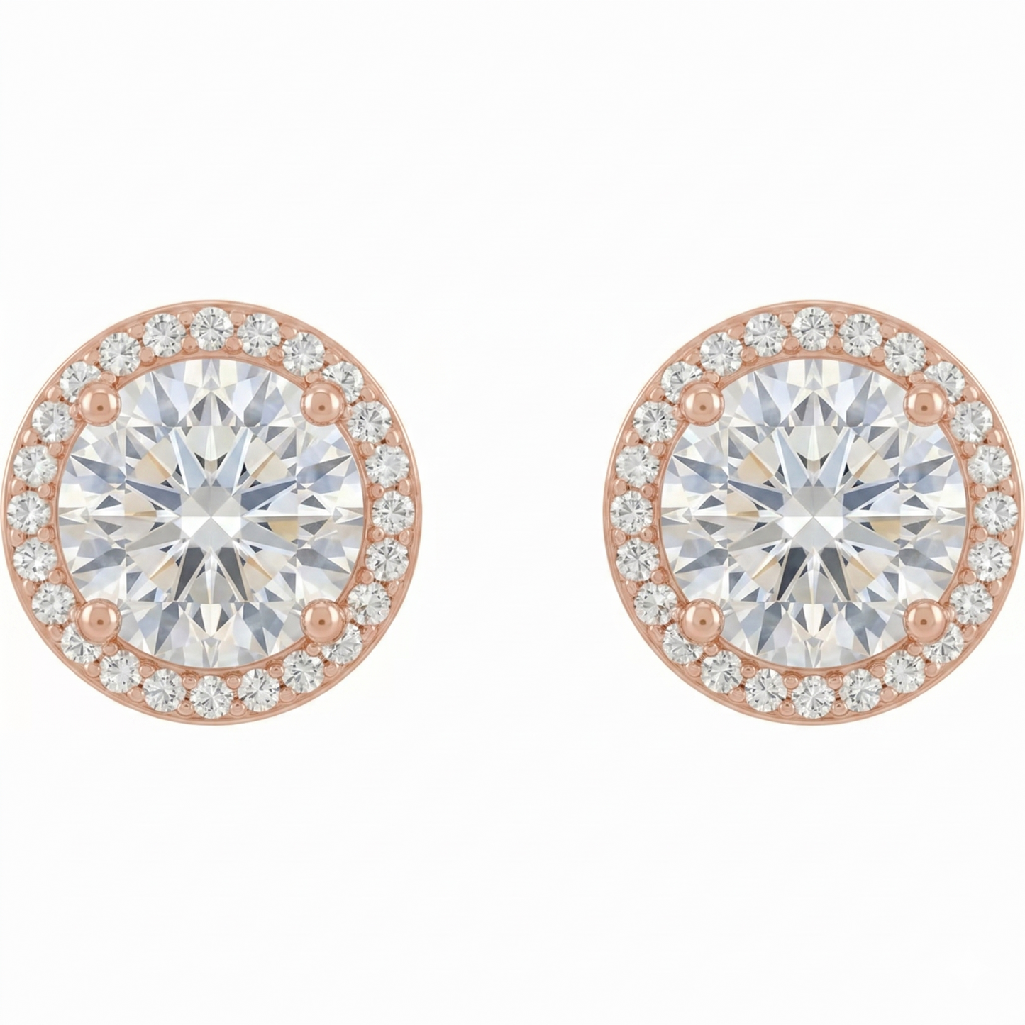 a pair of round earrings with a large central diamond surrounded by smaller diamonds, all set in a rose gold-colored metal.