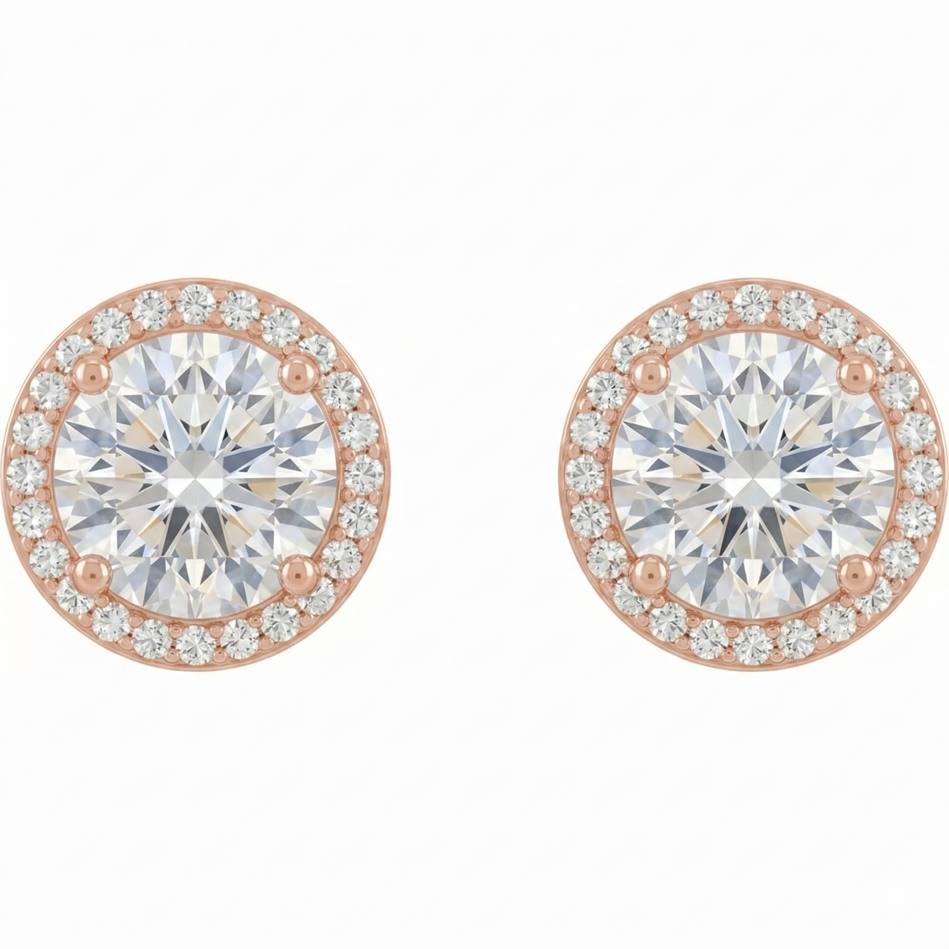 a pair of round earrings with a large central diamond surrounded by smaller diamonds, all set in a rose gold-colored metal.