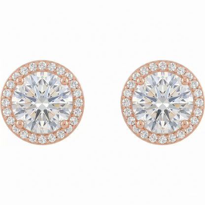 a pair of round earrings with a large central diamond surrounded by smaller diamonds, all set in a rose gold-colored metal.