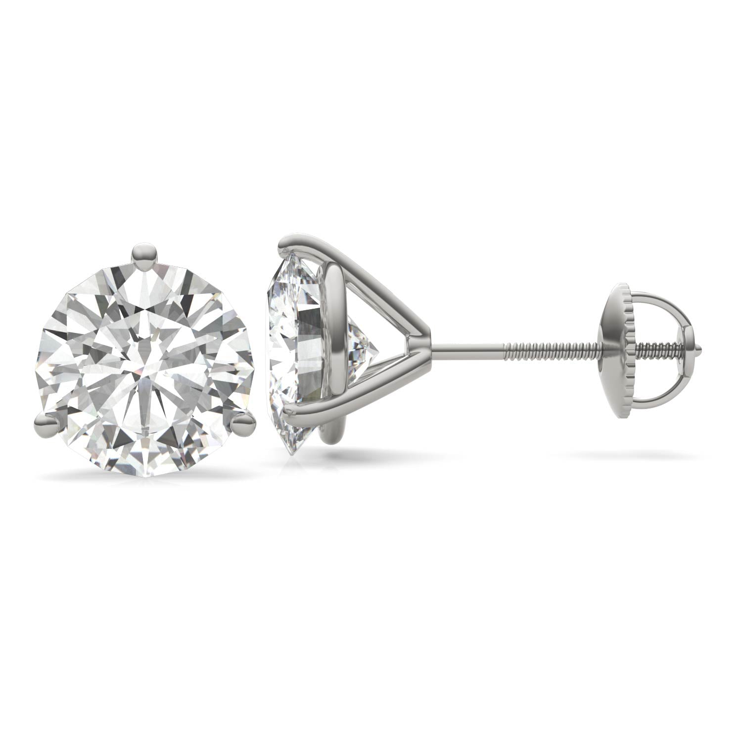 A pair of silver earrings with a large, clear diamond set in the center.