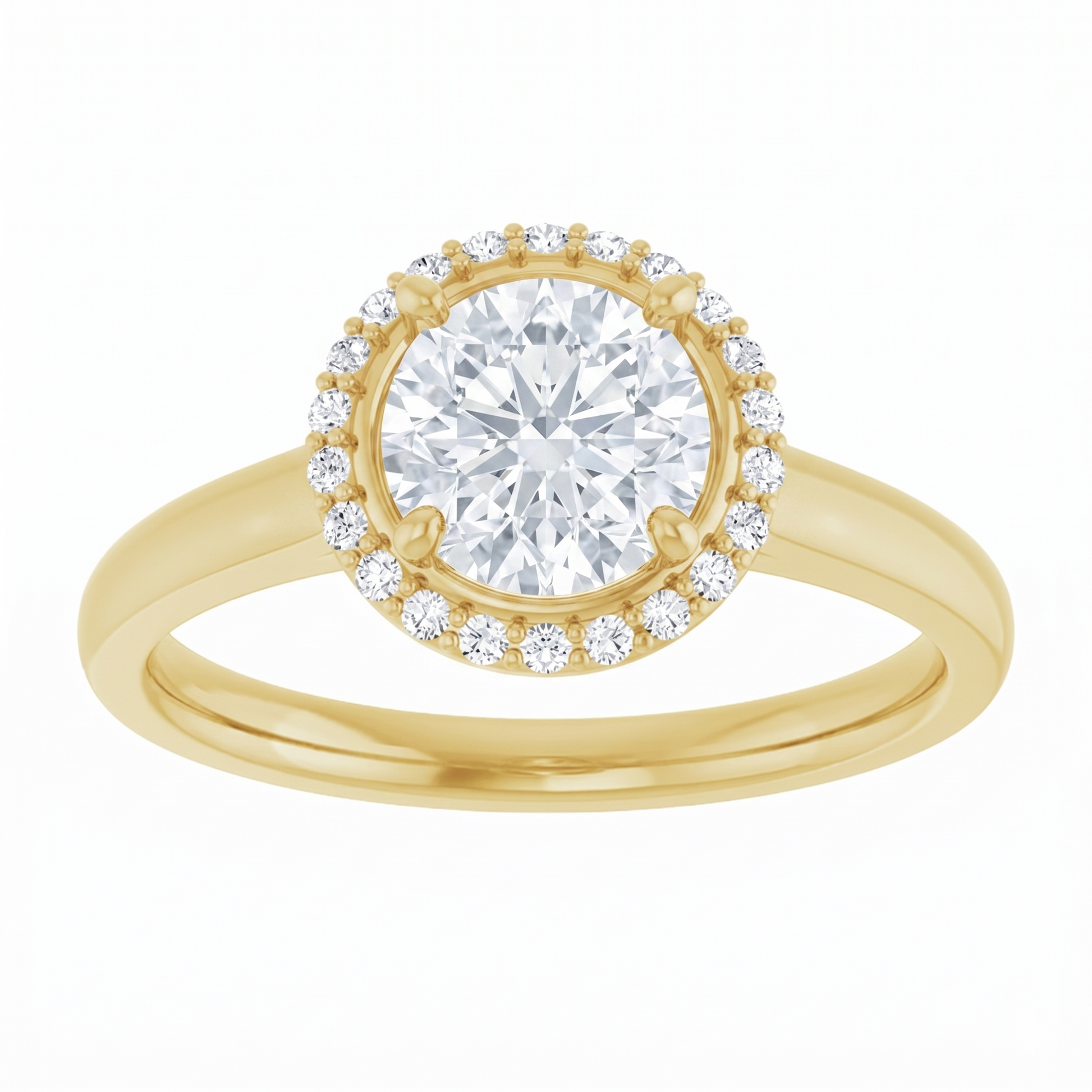A gold ring with a large, round diamond set in the center, surrounded by smaller diamonds.