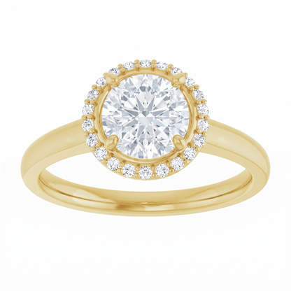 A gold ring with a large, round diamond set in the center, surrounded by smaller diamonds.